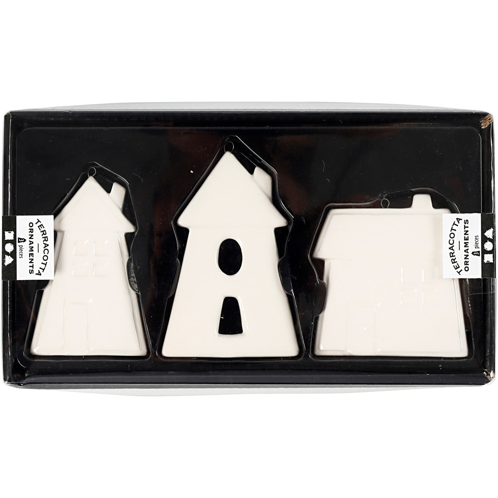 Creativ company decorazioni da appendere, case, h: 7,6-9,7 cm, bianco, 3 pezzi 1 scatola