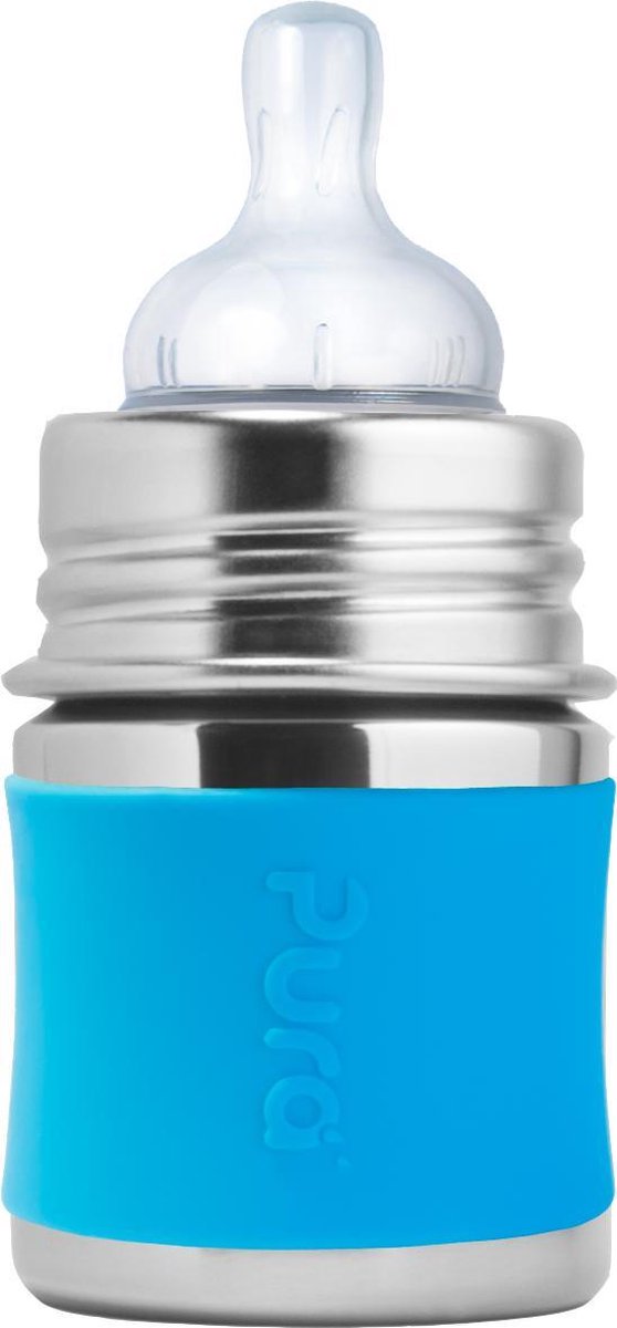 Pura teat bottle 150 ml - plastic-free - drinking bottle - prevents stomach cramps - dishwasher safe - including silicone teat, travel cap and sleeve - top is interchangeable - versatile - aqua