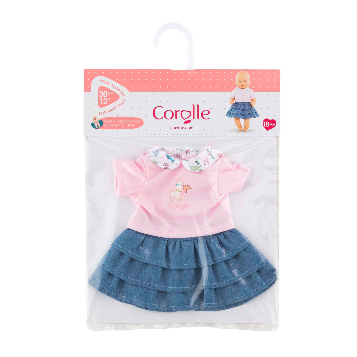 Gonna corolle con volant e maglietta per bambola per bambini, 30 cm.