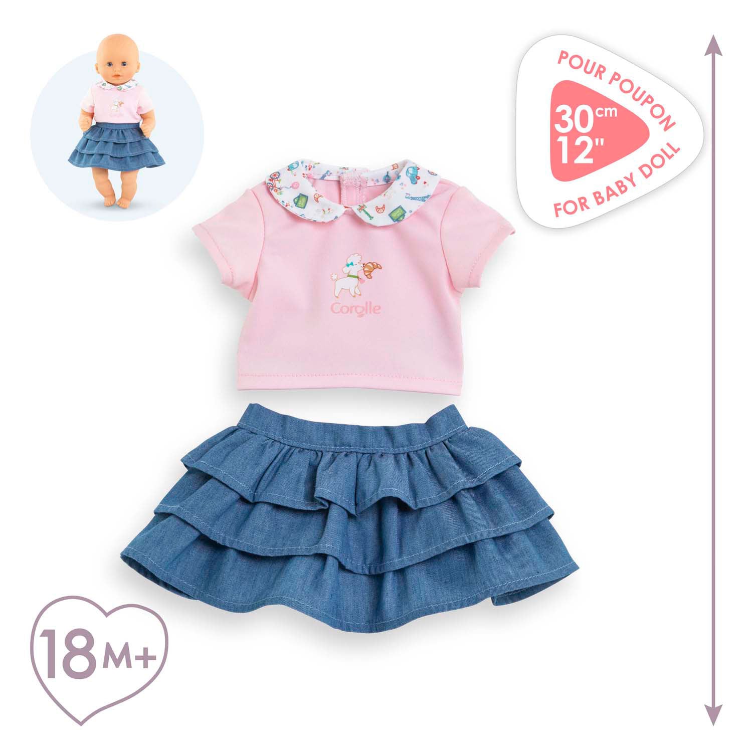 Gonna corolle con volant e maglietta per bambola per bambini, 30 cm.