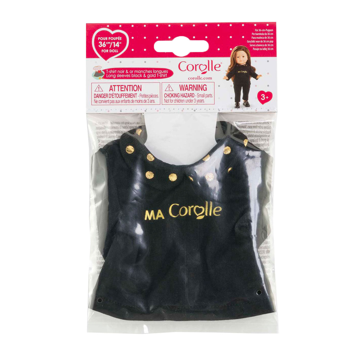 Maglietta Corolle nera e oro per bambole, 36 cm