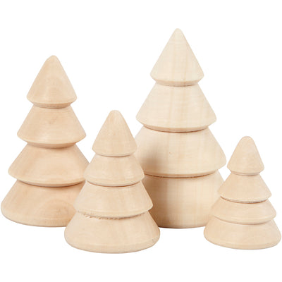 Creativ company Árboles de Navidad de madera, h: 3,3+4,3+5,3+6,3 cm, d 2,3+3+3,2+4 cm, 4 piezas 1 caja