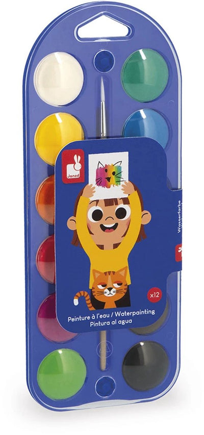 Janod - colo - acquerello - tavolozza di colori con 12 colori a base d'acqua