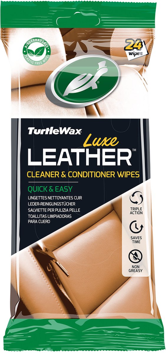 Salviette detergenti e balsami per pelle di lusso Turtle Wax - per tutta la pelle, gomme viniliche - per pulire, condizionare e proteggere - un risultato finale opaco naturale - in confezione richiudibile - 24 salviette