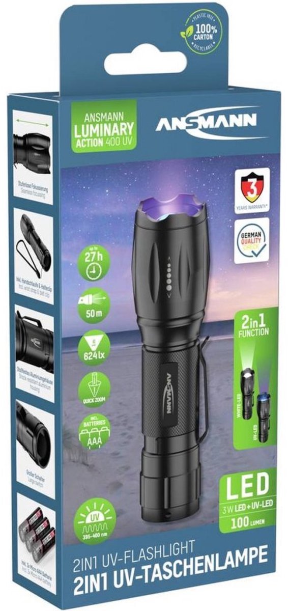 Linterna UV y LED incl. 3 pilas AAA | 2 piezas