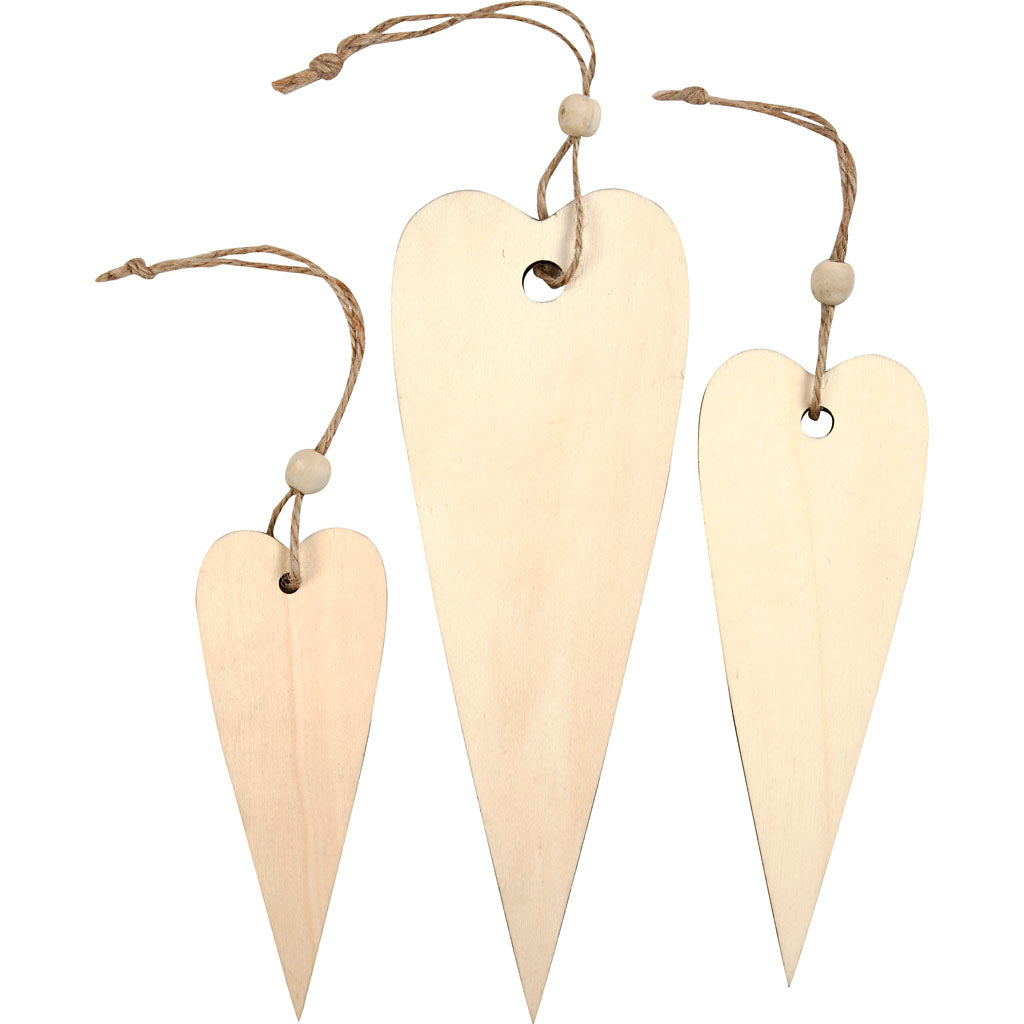 Creativ company decorazioni in legno, cuore lungo, h: 12+16+20 cm, spessore 5 mm, 3 pezzi 1 scatola