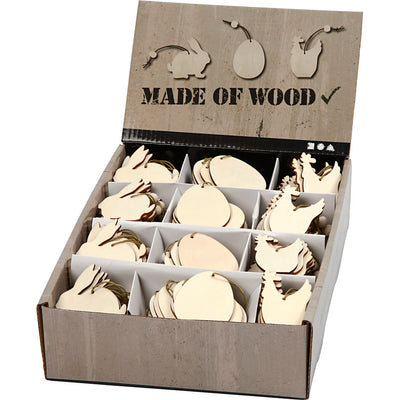 Creativ company adornos de madera, conejo, huevo, gallina, tamaño 6 cm, grosor 3 mm, 200 piezas 1 caja