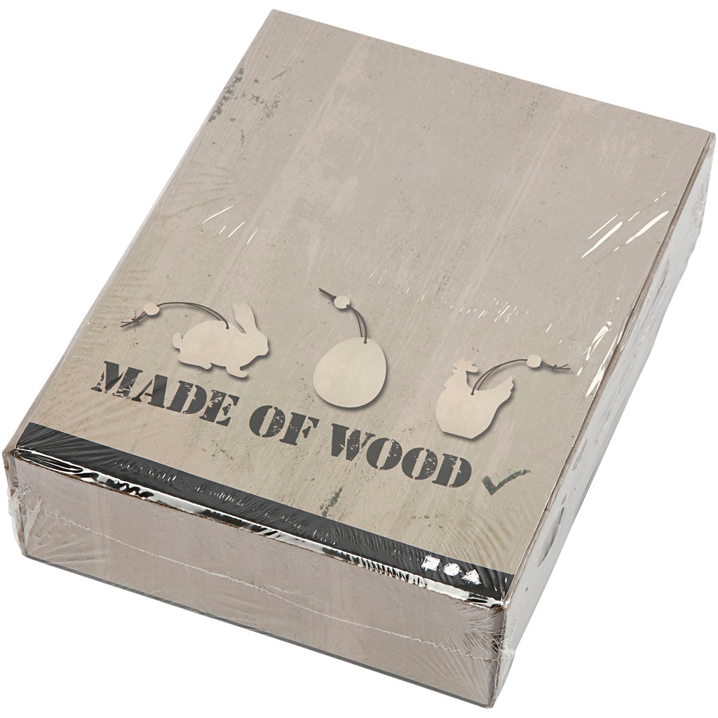 Creativ company adornos de madera, conejo, huevo, gallina, tamaño 6 cm, grosor 3 mm, 200 piezas 1 caja