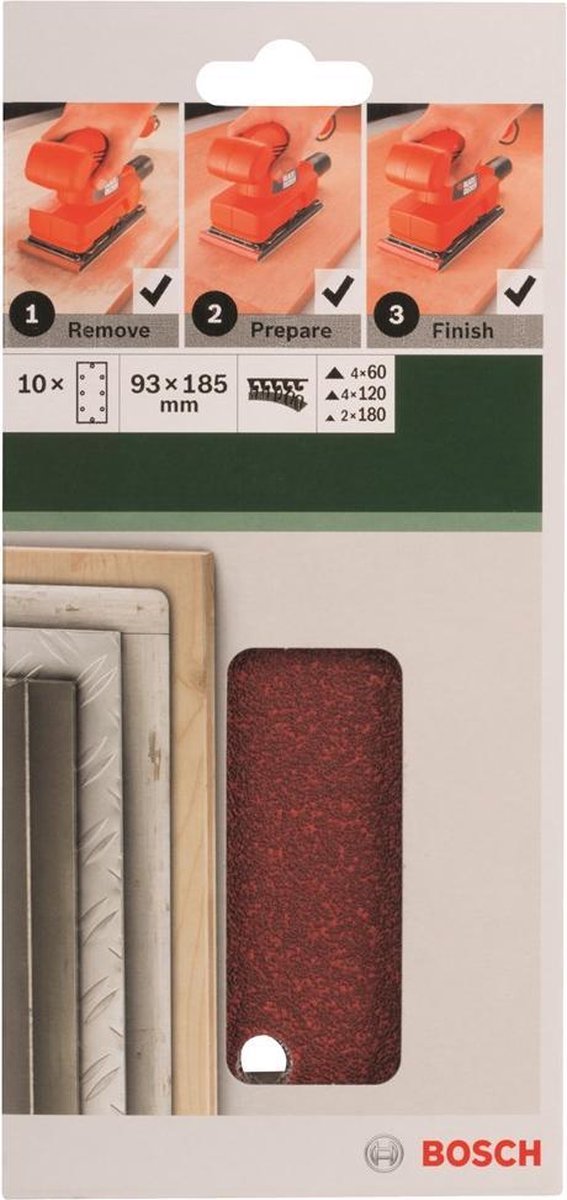 Set fogli abrasivi Bosch da 10 pezzi per levigatrici orbitali 93 x 185 mm - grana 60; 120; 180