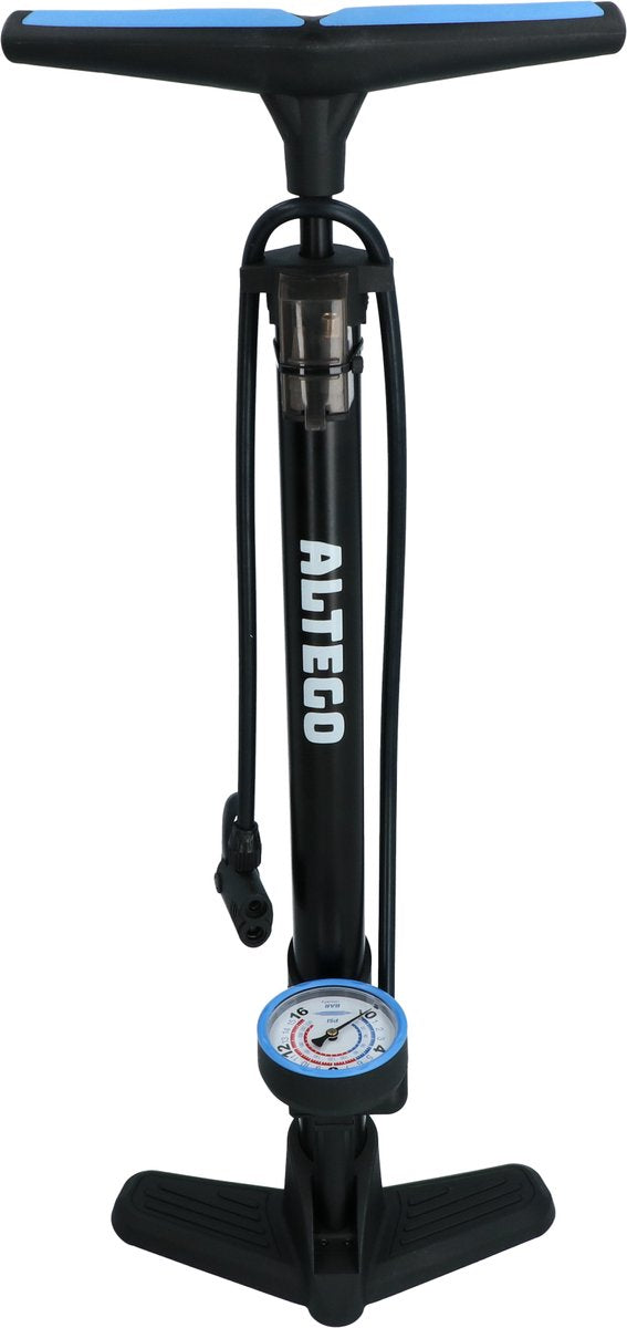 Bomba de bicicleta Altego + manómetro - 11 bar 160 psi - bomba de suelo con manguera de 75 cm - para válvulas Dunlop, Presta y Schrader - tetinas adaptadoras múltiples