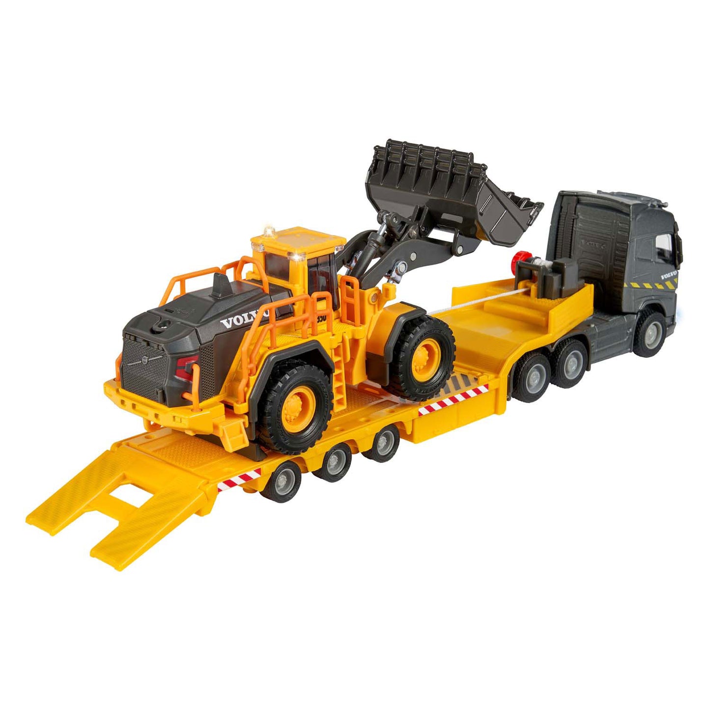 Autocarro Majorette Volvo FH16 con semirimorchio e pala gommata