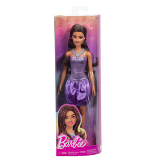 Barbie fashionista con abito viola con paillettes.