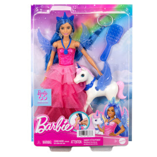 Mattel Unicorn Doll con capelli blu, vestito rosa e alicorno
