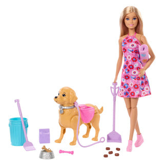 Barbie malibu walking puppy toy set - doll and poopable dog and accessories