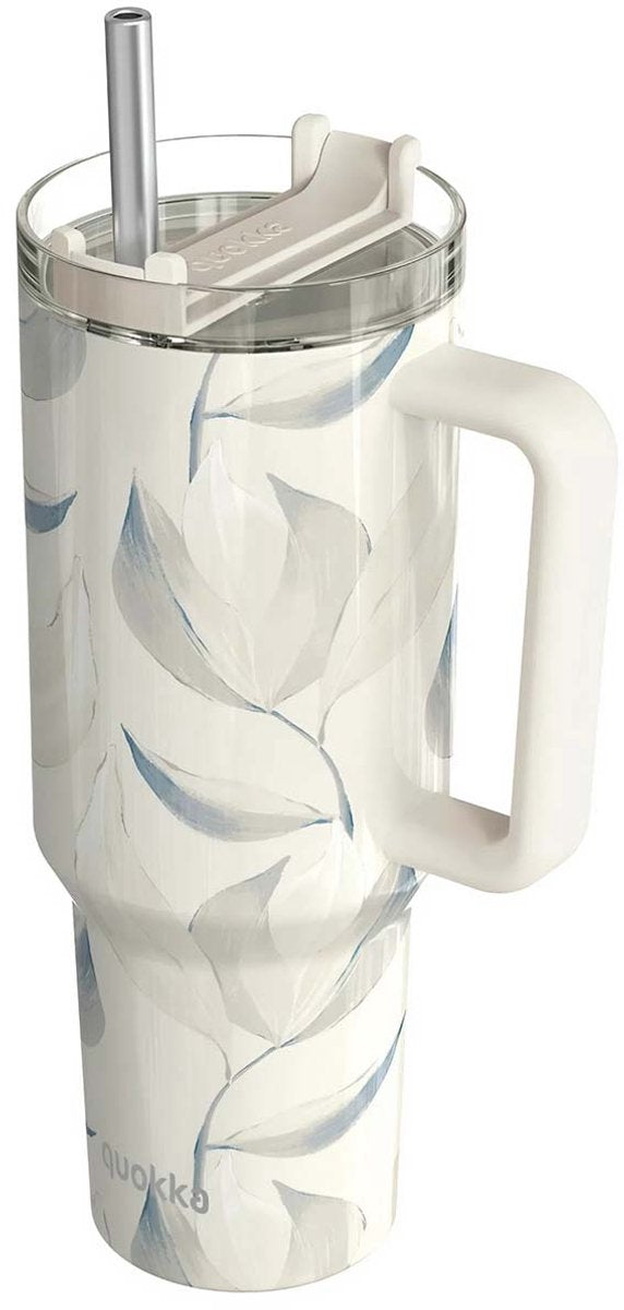 Quokka, vaso térmico de 1200 ml con pajita y motivo de hojas de algodón, blanco