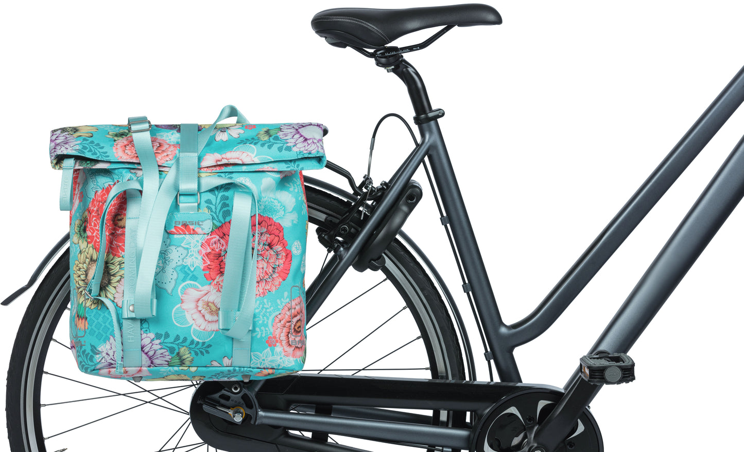 Shopper per biciclette da campo Basil Bloom, tappo riciclato, spalla impermeabile, spallatta regolabile, compartimento per laptop, 15-20L, blu cielo