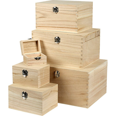 Creativ Company Conjunto de cajas de madera, H: 5+7+9+11+13+15 cm, L: 8+11.8+15.8+20+24+27.7 cm, B: 5.8+8.8+12+15+18+21 cm, 6 piezas 1 set