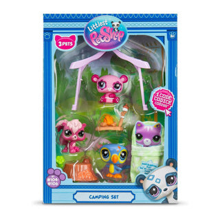 Bandai Littlest Pet Shop - Set da campeggio, confezione da 3 animali e accessori - Littlest Pet Shop lps panda scoiattolo tucano - Mini simpatico set di figure di animali - giocattoli per bambini dai 4 anni in su - bf00574