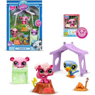 Bandai Littlest Pet Shop - Set da campeggio, confezione da 3 animali e accessori - Littlest Pet Shop lps panda scoiattolo tucano - Mini simpatico set di figure di animali - giocattoli per bambini dai 4 anni in su - bf00574