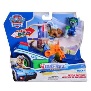 Patrulla canina - búsqueda y rescate - vehículo de reciclaje de rocky con función de retroceso de 2 figuras - vehículos de juguete