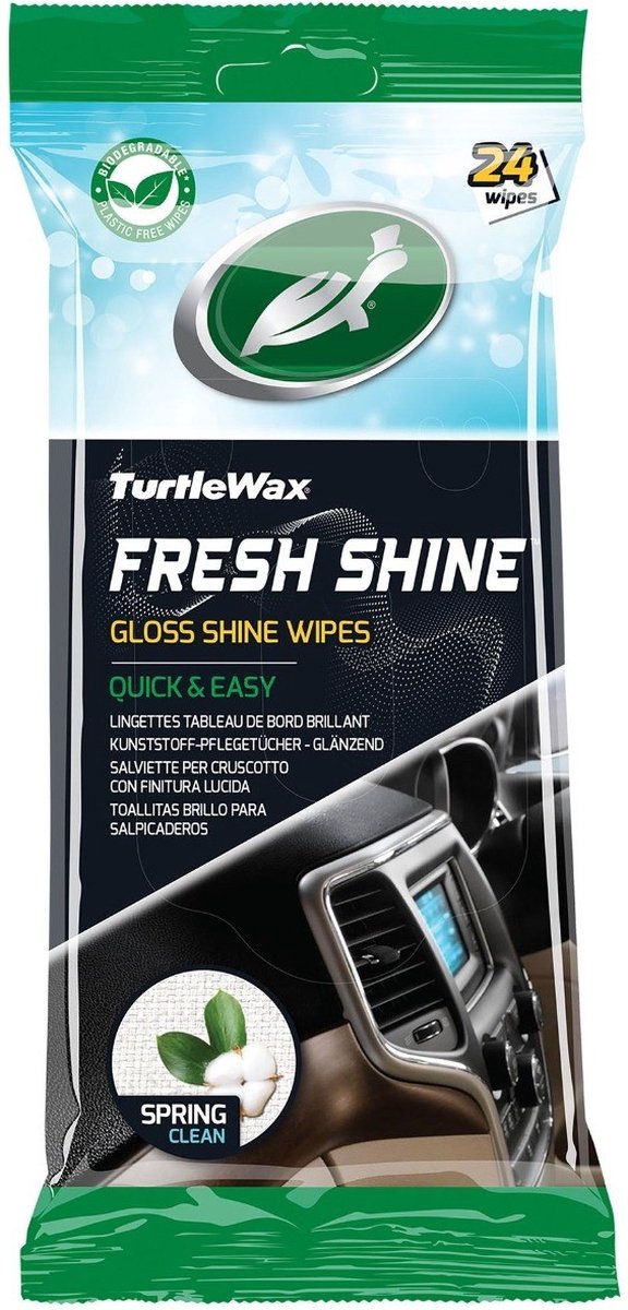 Salviette detergenti per interni Turtle Wax Fresh Shine Gloss - pulizia superiore - per tutte le plastiche interne - antistatiche - finitura lucida - con profumo di pulito di primavera - in confezione richiudibile - 24 salviette