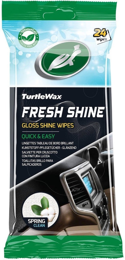 Salviette detergenti per interni Turtle Wax Fresh Shine Gloss - pulizia superiore - per tutte le plastiche interne - antistatiche - finitura lucida - con profumo di pulito di primavera - in confezione richiudibile - 24 salviette