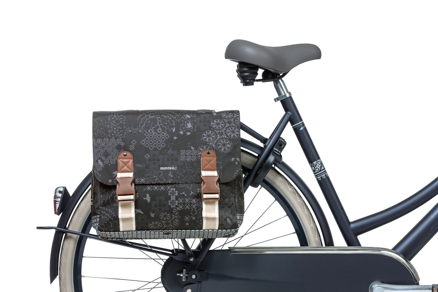 Boba de bicicleta doble Basil Bohème - Negro - 35L - Repelente de agua - Detalles de aprendizaje de arte