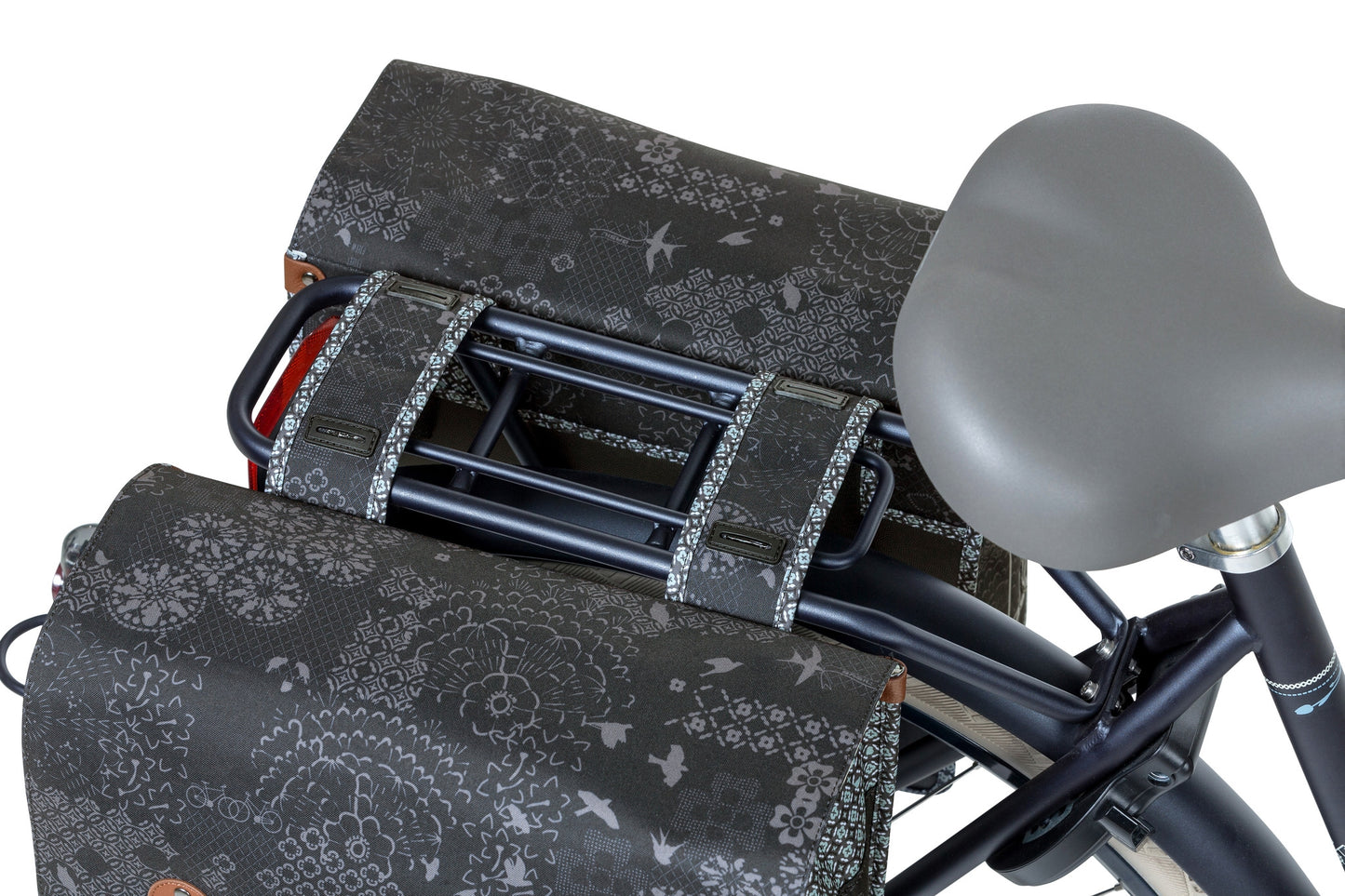 Boba de bicicleta doble Basil Bohème - Negro - 35L - Repelente de agua - Detalles de aprendizaje de arte
