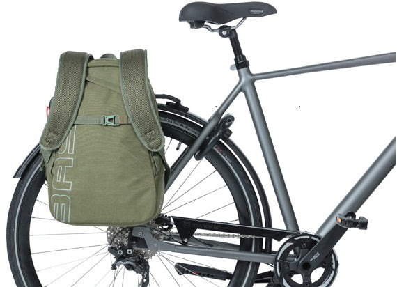 Basil Flex Flex Bicycle Mackpack -Verde, poliéster de alta calidad, correas de hombro acolchado, sistema de gancho -on