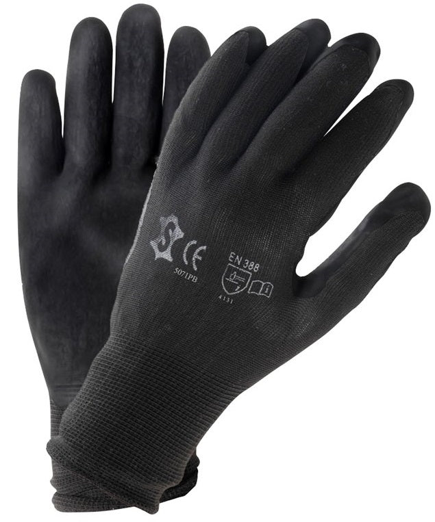 Taller de guantes de ensamblaje Nylon negro grande con recubrimiento PU
