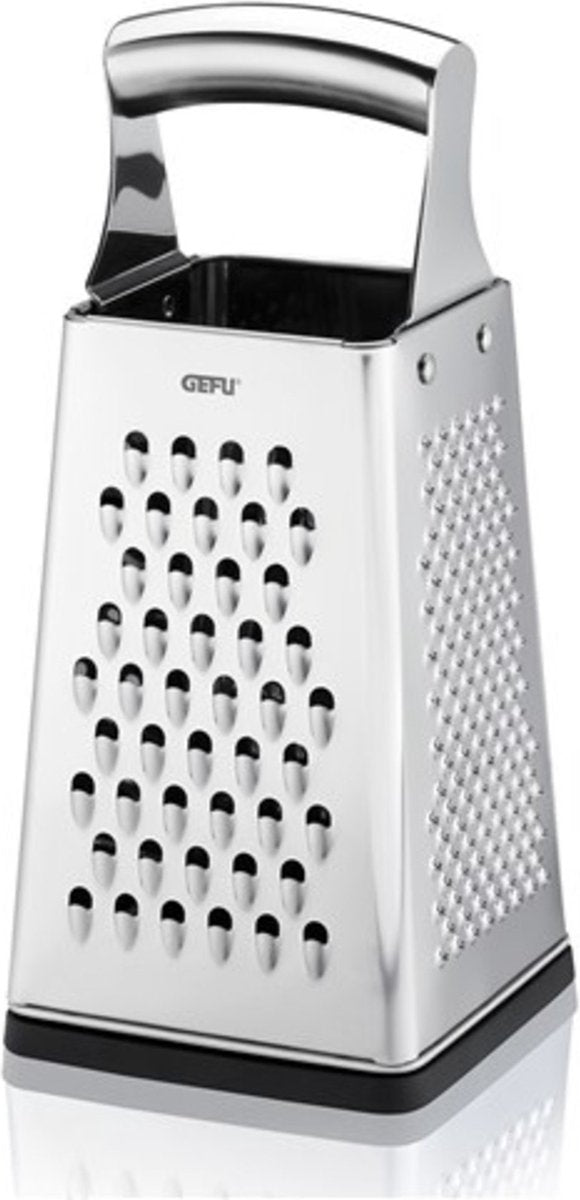 Gefu grato blokrasp 24,5 cm – 4-in-1 – rvs – inclusief opvangbak en antislipdeksel
