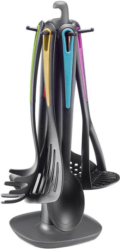 Utensilios de cocina Westmark - galante giratorio estándar con machacador de patatas, cuchara para verduras, cuchara para espaguetis, cuchara sopera, espumadera y espátula - multicolor, juego de 7 piezas