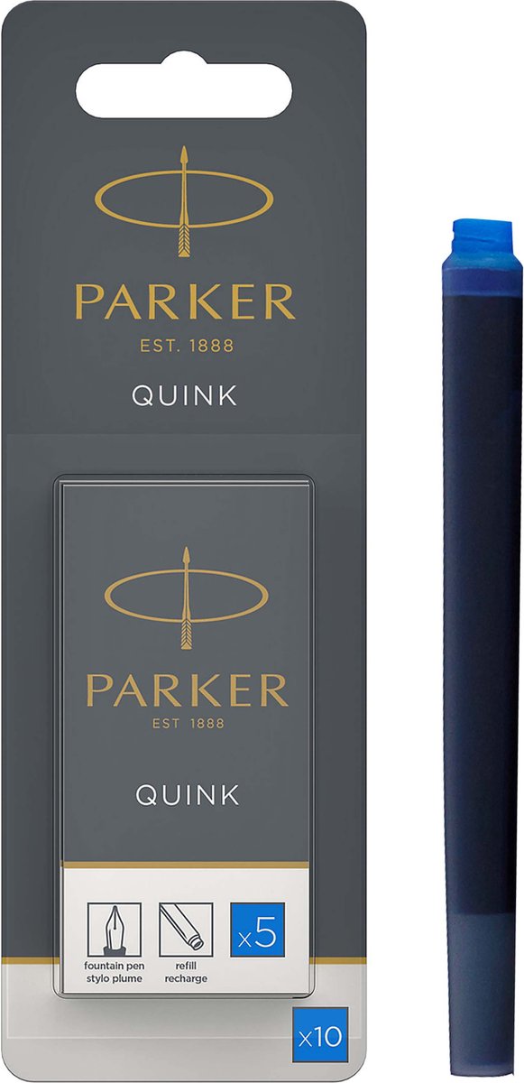 Cartucce d'inchiostro lunghe per penne stilografiche Parker - inchiostro blu quink - lavabili - 10 pezzi
