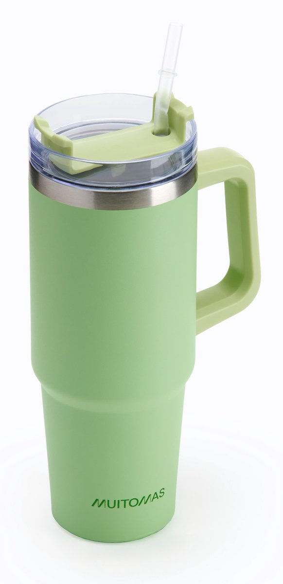 Muitomas reismok - travel mug - dubbele geïsoleerde wand - praktisch rietje handvat - 900ml - groen