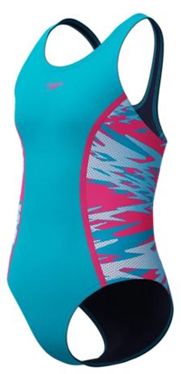 Speedo h-boom splice muscleback 1 piece meisjes sportbadpak - turquoise roze