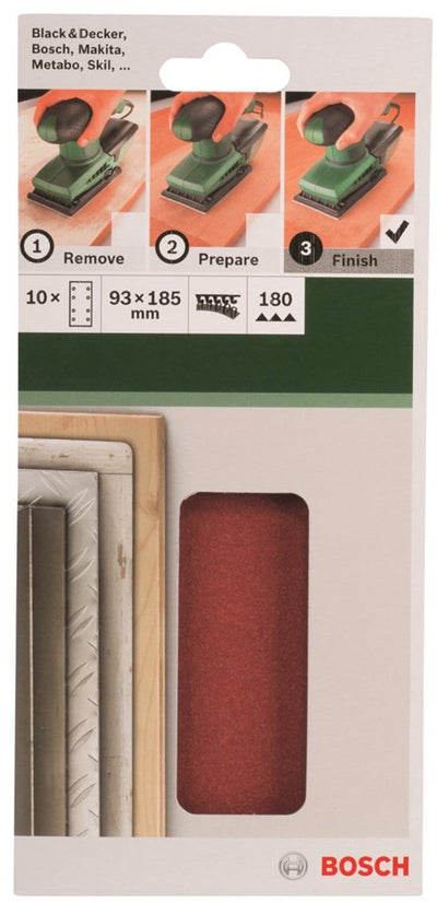 Juego de hojas de lija Bosch de 10 piezas para lijadora orbital 93 x 185 mm - grano 180