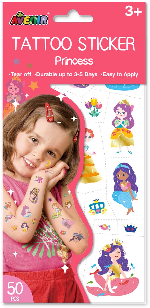 Pegatinas de tatuajes Avenir - princesa - 50 piezas - duran de 3 a 5 días - 3 años