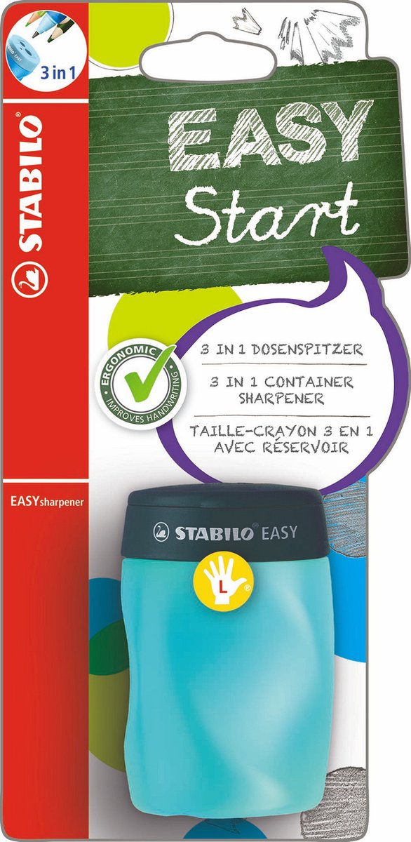 Stabilo easysharpener - temperamatite ergonomico 3 in 1 - per mancini - blu - adatto a tutte le matite