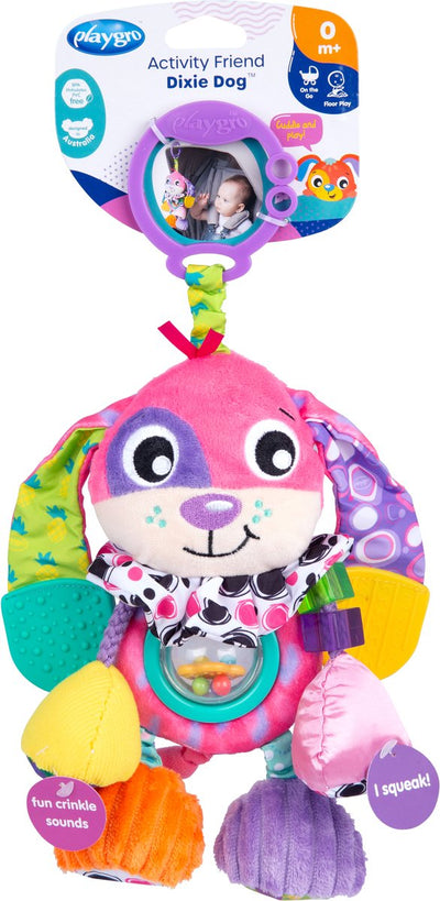 Playgro Activity Friends Dixie Dog - Giocattolo per bambini - Giocattolo da appendere - Giocattolo per carrozzina - Sonaglio - Accessorio per carrozzina - Accessorio per passeggino - Giocattolo educativo - Animale di peluche