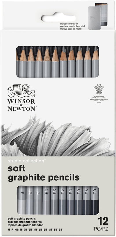 Winsor Newton 0490007 Professional Graphite Pencils Set x12 – Soft Sketch Pencils Drawing Pencils H to M 9B in Metal Tin