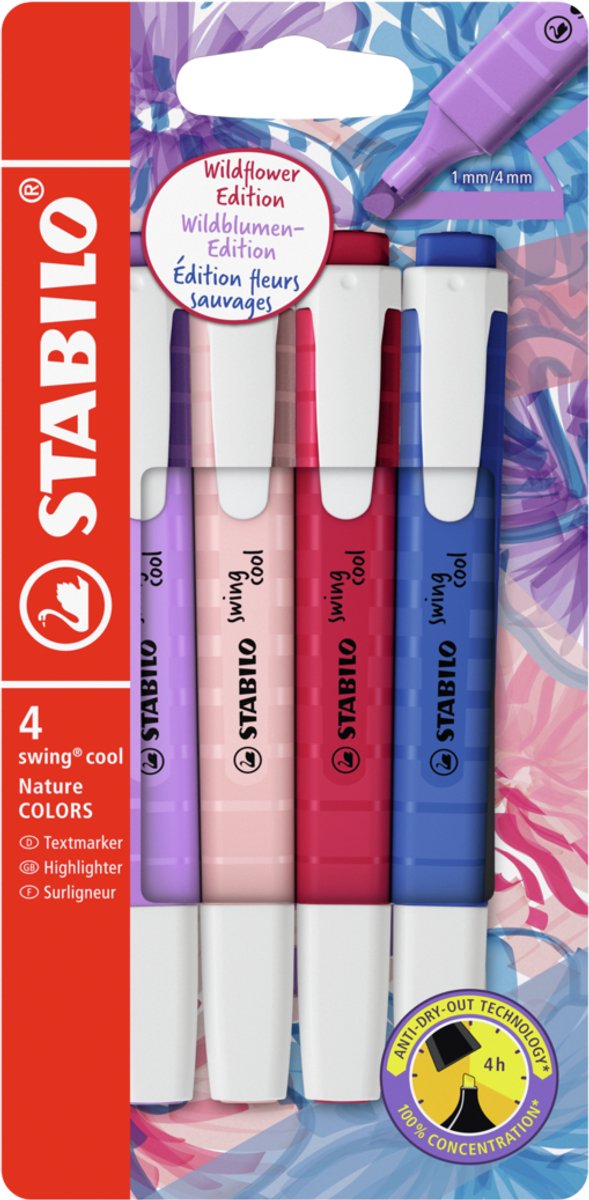 Stabilo Swing Cool - evidenziatore - perfetto per i viaggi - Naturecolors Wildflower - custodia con 4 colori