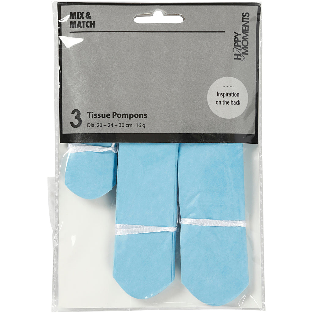 Pompon di carta Creative Company, d 20+24+30 cm, 16 g, azzurro, 3 pezzi 1 scatola