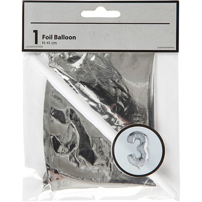 Palloncino foil Creative Company, 3, h: 41 cm, argento, 1 pezzo
