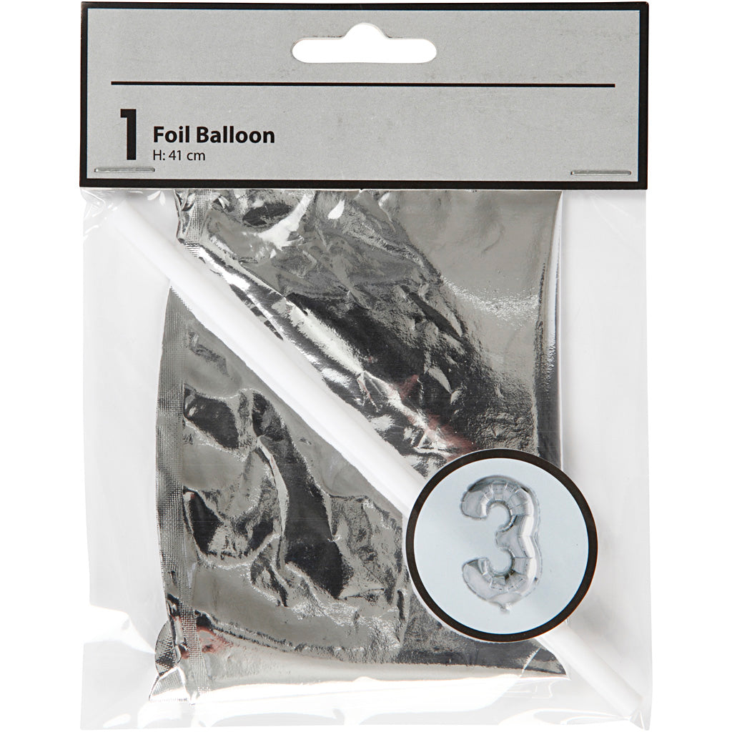 Creativ company foil balloon, 3, h: 41 cm, silver, 1 piece