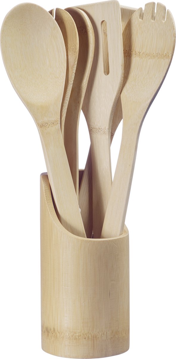 Batería de cocina Westmark: batería de cocina compuesta por cucharón, cuchara para ensalada, espátula y pinzas, cubiertos incl. cuenco - bambú, 6 piezas.