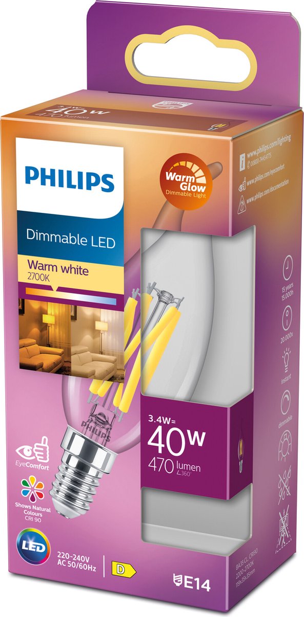 Candela LED Philips trasparente - 40 W - E14 - luce bianca calda regolabile