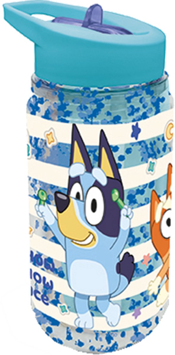 Stor bluey tritan drinkfles – 330 ml – met glittereffect – vaatwasserbestendig bpa-vrij - drinkfles met rietje voor kinderen – transparant blauw