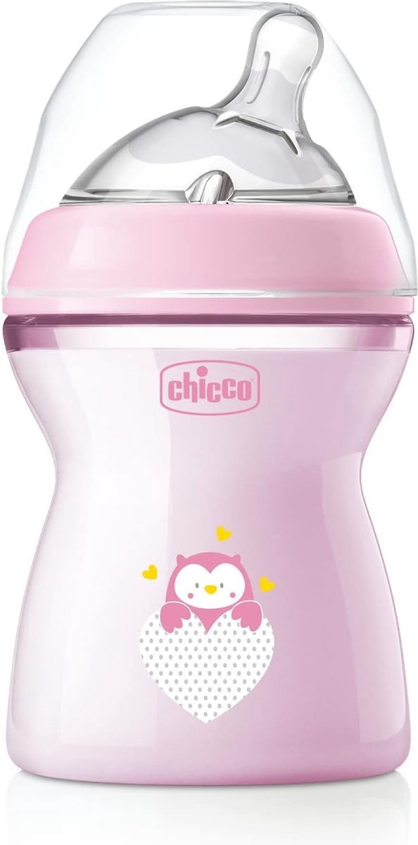 Biberon Chicco Natural Feeling 2 mesi + 250 ml, biberon con ventosa in silicone morbido e flessibile, adatto per allattamento misto, flusso medio-denso, rosa 2+ m