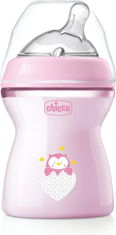 Biberon Chicco Natural Feeling 2 mesi + 250 ml, biberon con ventosa in silicone morbido e flessibile, adatto per allattamento misto, flusso medio-denso, rosa 2+ m
