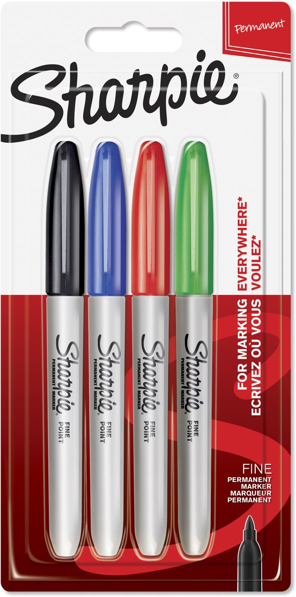 Marcadores permanentes Sharpie | punto fino | tinta negra, azul, roja y verde | 4 piezas